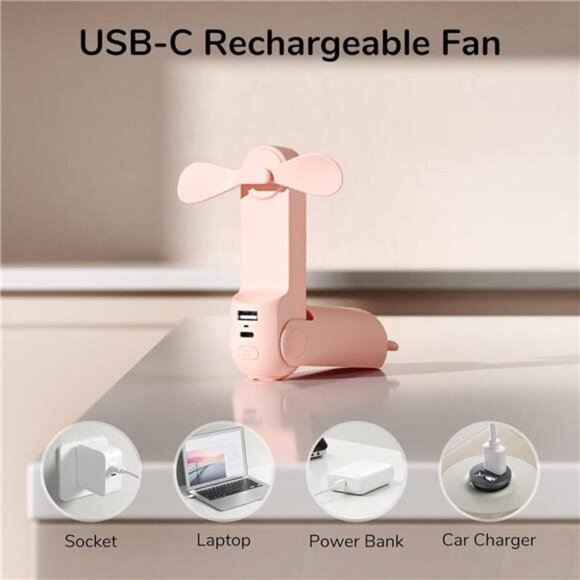 "3-in-1 Handheld Mini Fan: USB Rechargeable, Power‎ Bank & Flashlight (Pink)" - Picture 5 of 7